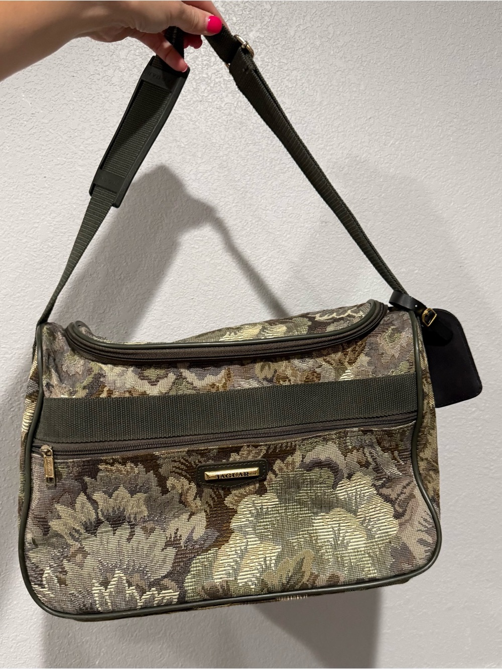 Vintage Tapestry Floral Jaguar Travel Bag with Adjustable Strap Bottom Studs